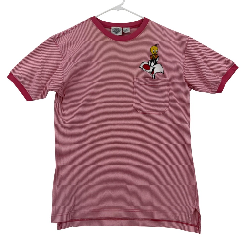 Vintage ACME Clothing Co Shirt Mens Small Pink Stripe Tweety Sylvester Pocket